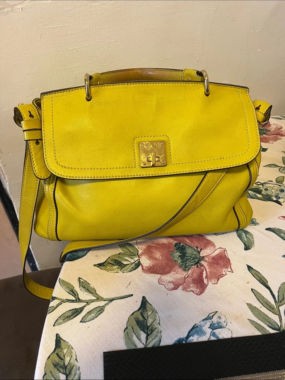 MCM Yellow Leather Top-Handle Satchel with Strap and Gold Hardware